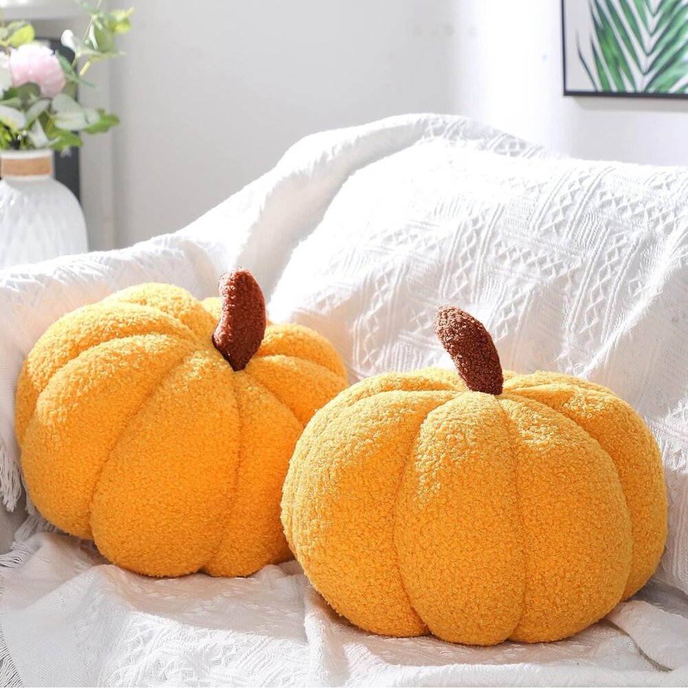 2 Pcs Pumpkin Throw Pillow - 3D Halloween Decor, 11x9.5 Inch, Yellow‎ Cushion